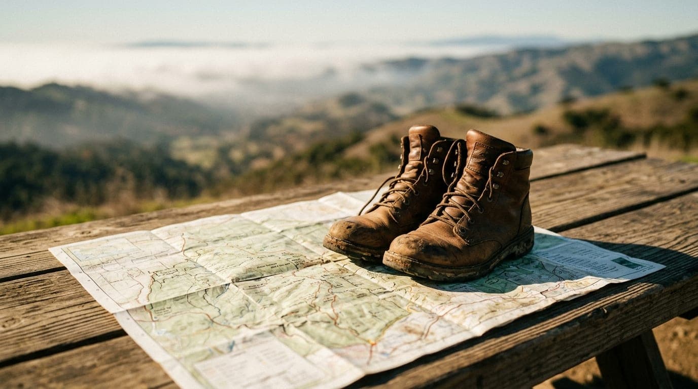 A close-up, tilt-shift shot of two worn hiking boots resting on a dusty trail map at a wooden picnic table, with blurred G...