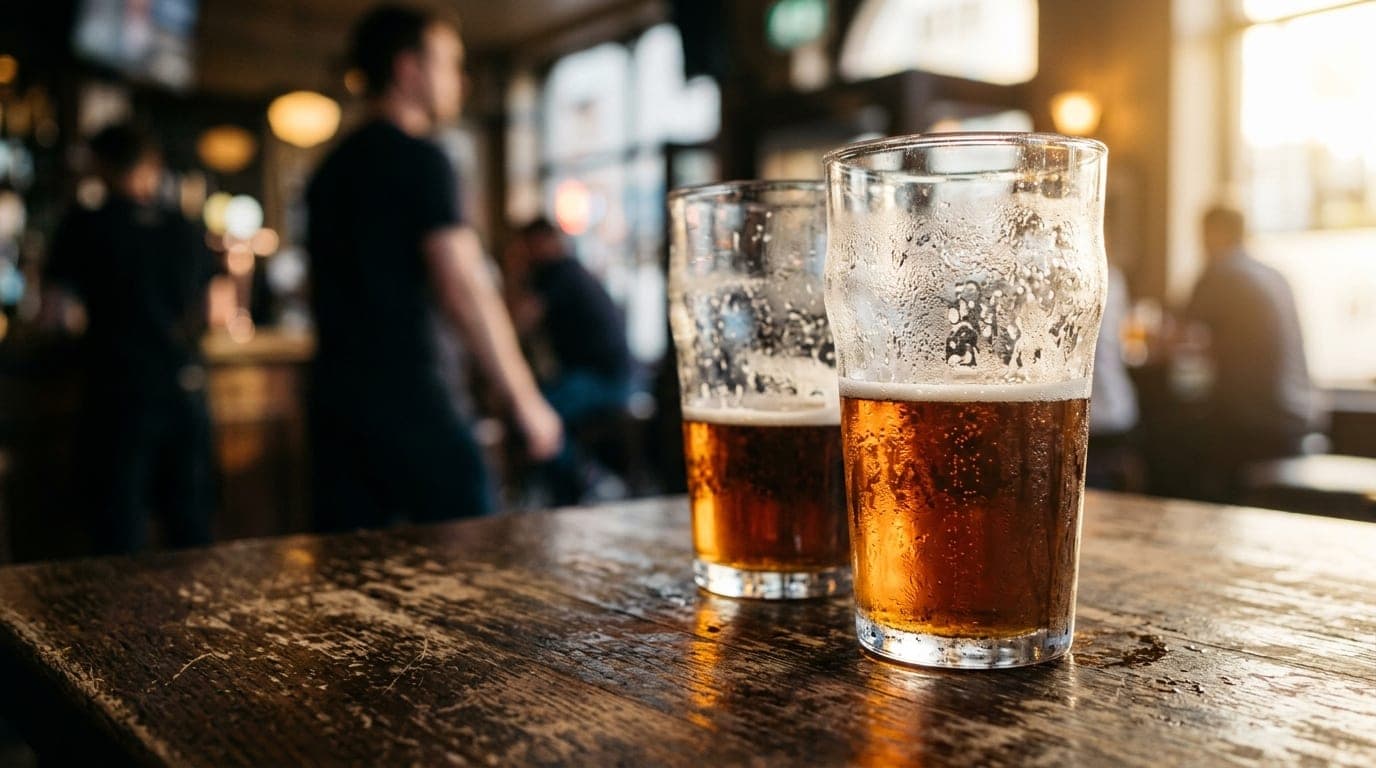 An extreme macro shot captures two half-empty pint glasses of amber craft beer on a worn wooden table at Buffalo Bill’s, g...