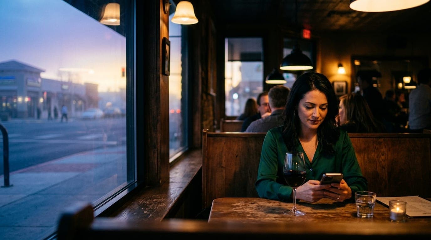 A woman in a silk blouse sits at a dimly lit booth in a Henderson bistro, looking at her smartphone while a full glass of...