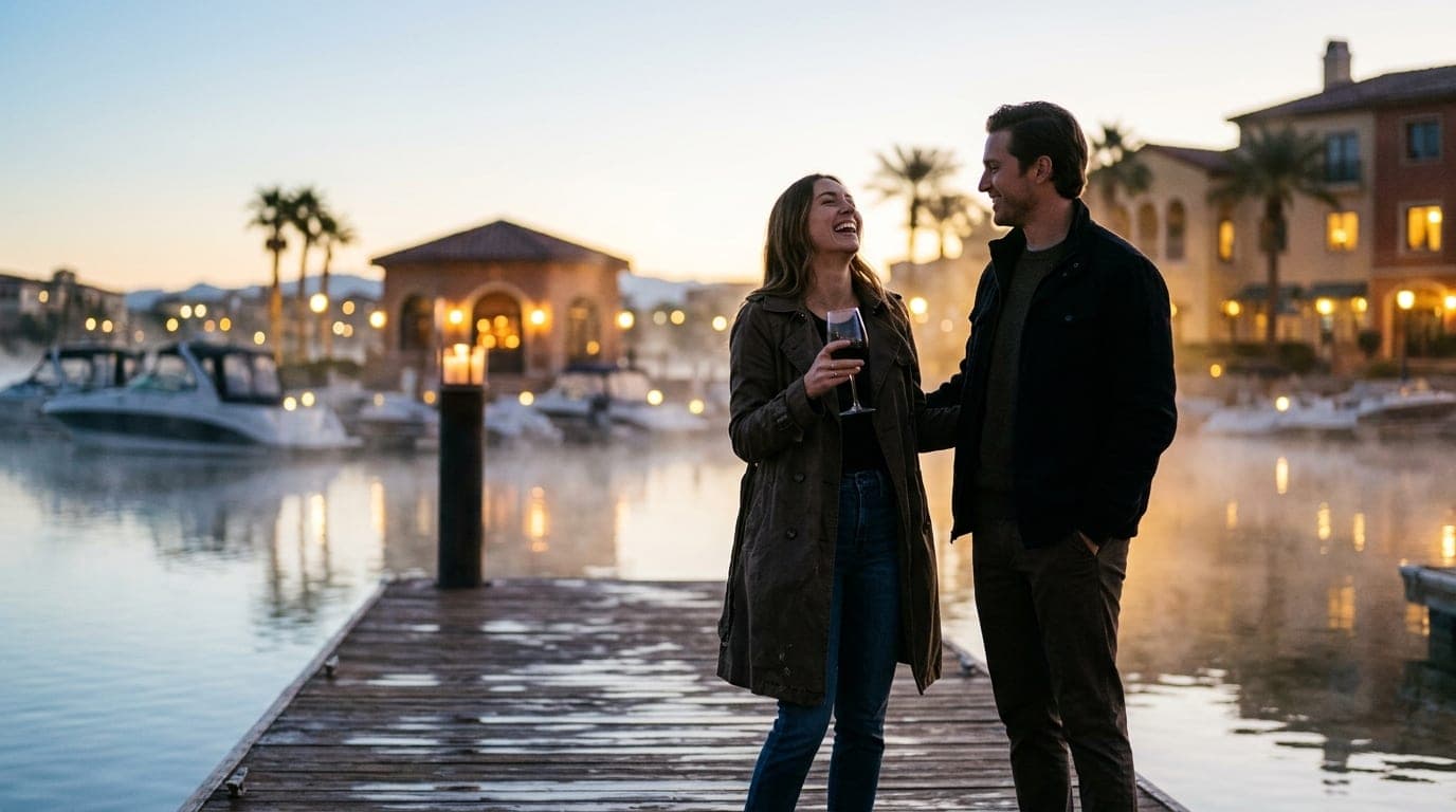 A couple in casual evening wear stands on the Lake Las Vegas dock, silhouetted against soft harbor lights. The woman in a...