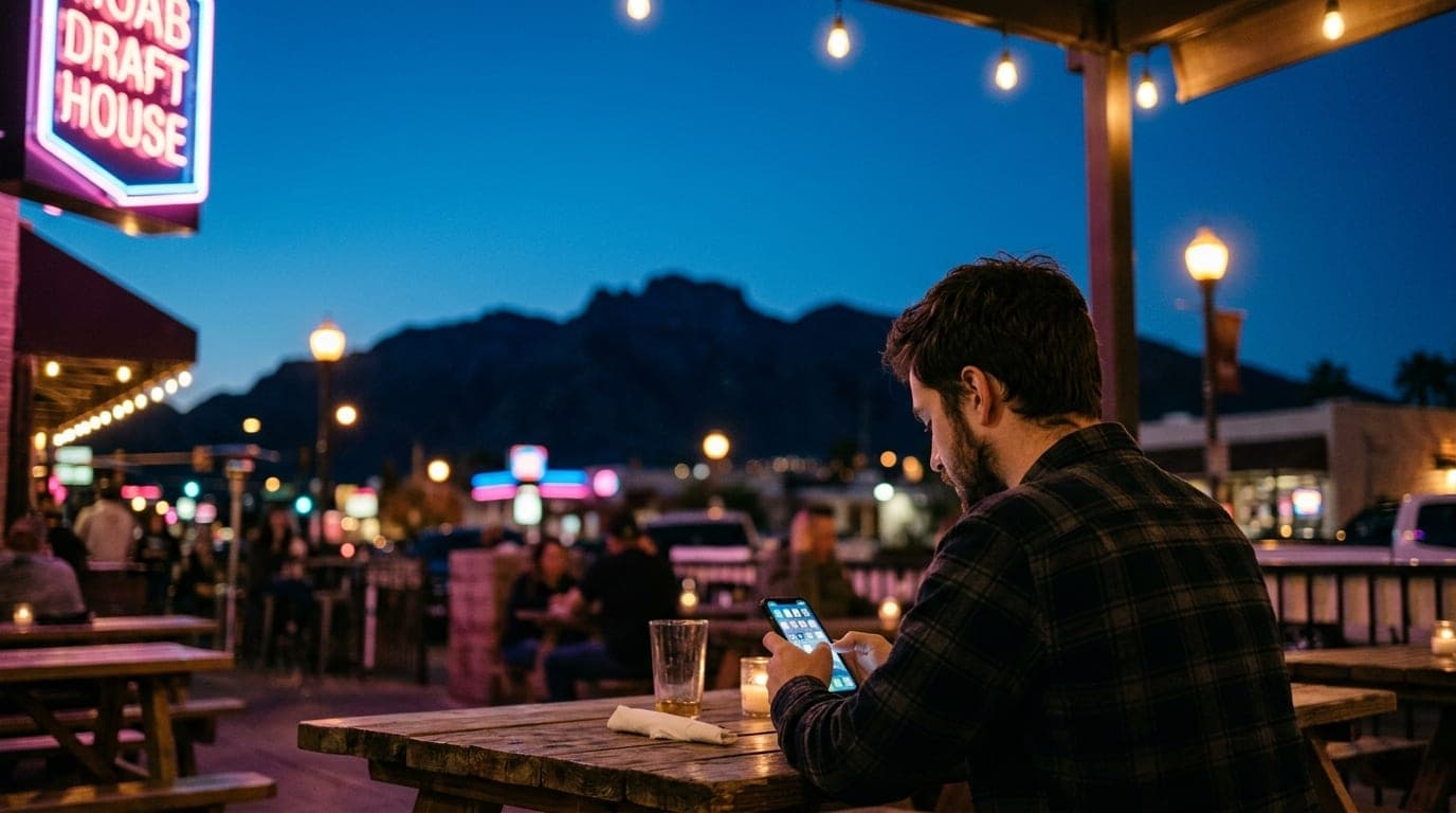 A man in a casual flannel shirt looks at his phone while sitting at a wooden outdoor table, a silhouette of Henderson’s mo...