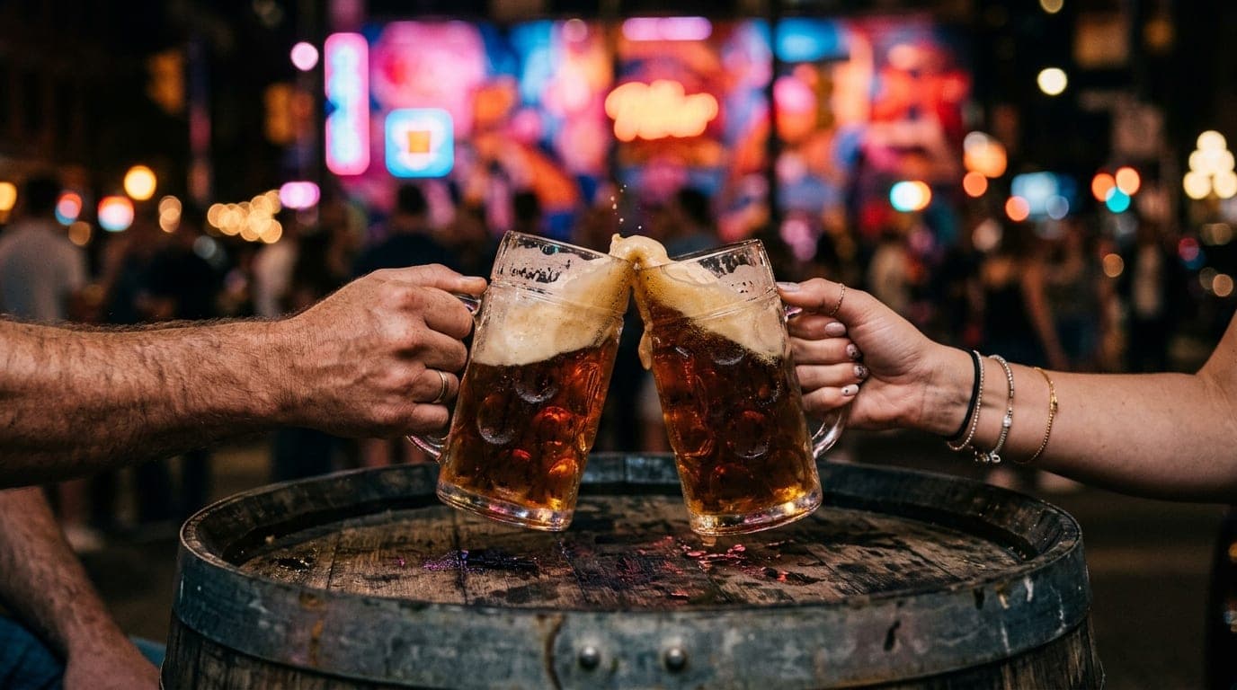 A close-up, low-angle shot of two crystal beer glasses clinking on a weathered wooden barrel at a Water Street brewery, ne...