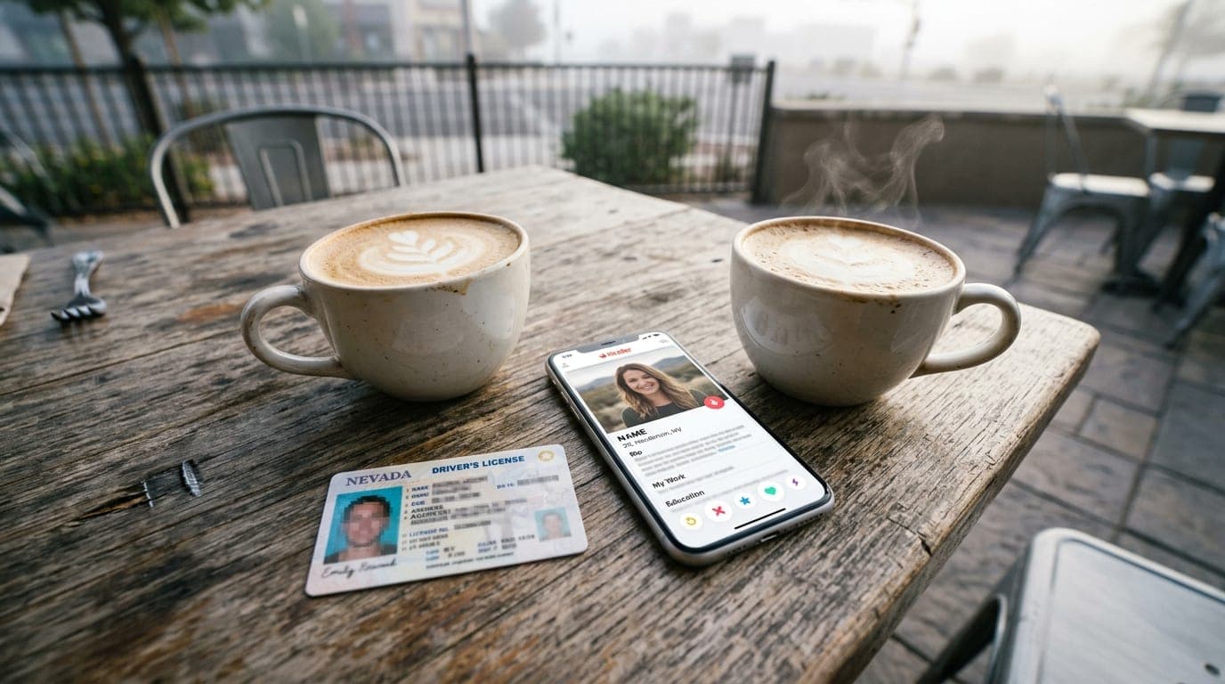Overhead flat-lay on a weathered wooden cafe table: a Nevada driver’s license, two steaming lattes, and a smartphone scree...