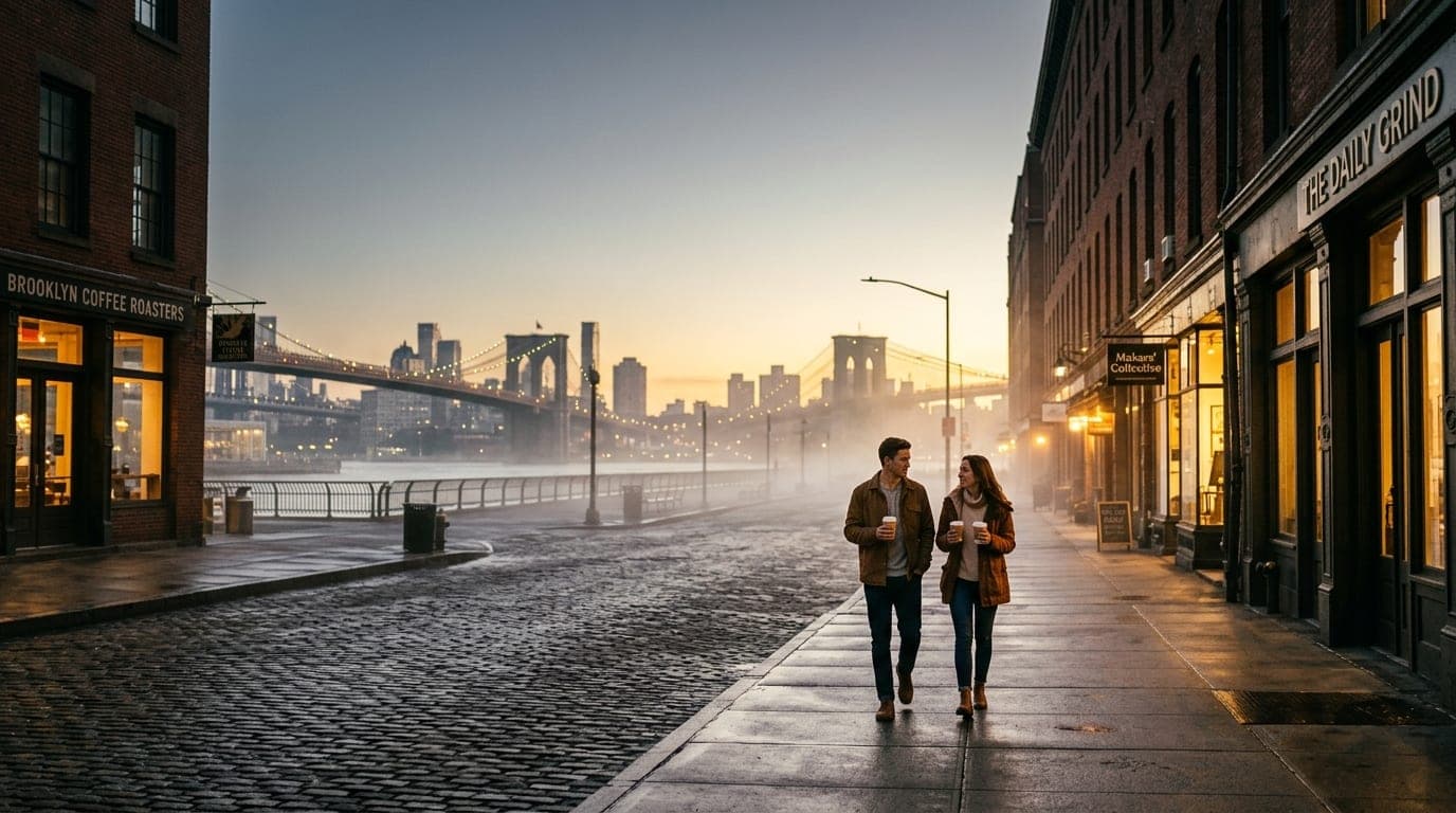A wide shot of a couple walking away from the warm, glowing storefronts of Water Street at night. They hold paper coffee c...