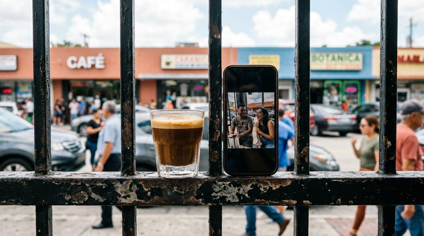 A close-up 24mm wide-angle shot of a sweating glass of cortadito beside a smartphone screen displaying a candid, unfiltere...