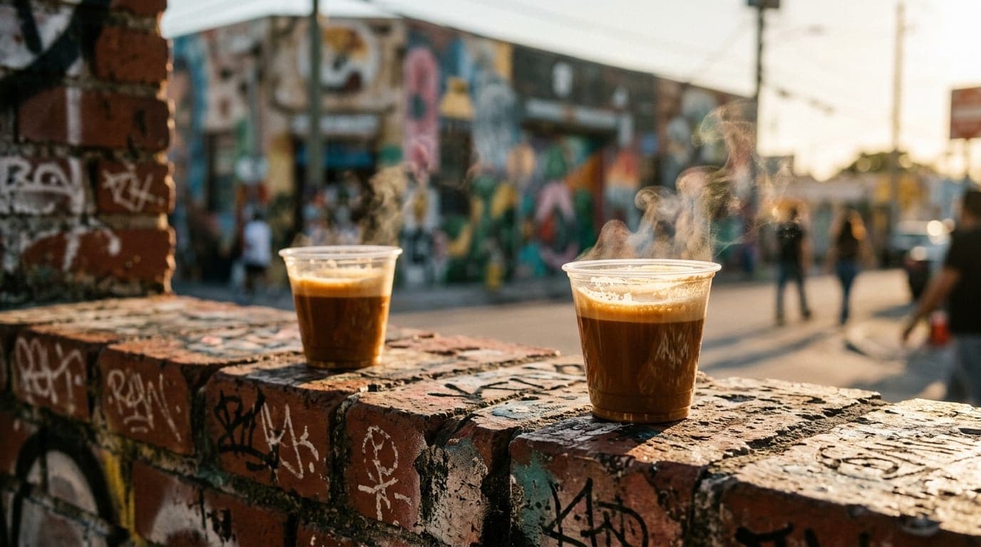 A 50mm shot captures two steaming plastic cups of cortadito resting on a weathered, graffiti-tagged industrial brick ledge...