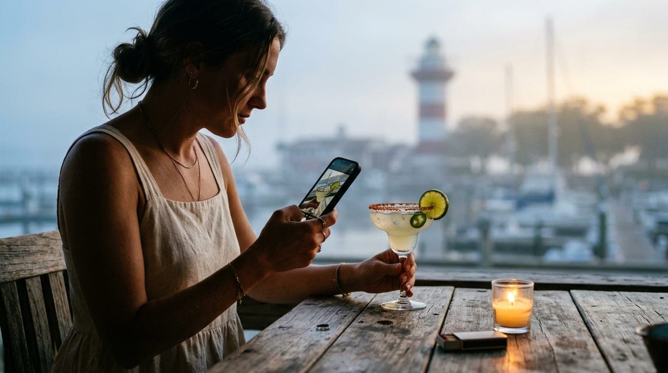 A woman in a cream linen sundress holds a spicy margarita, focusing her phone on a blurred Harbour Town Lighthouse backgro...