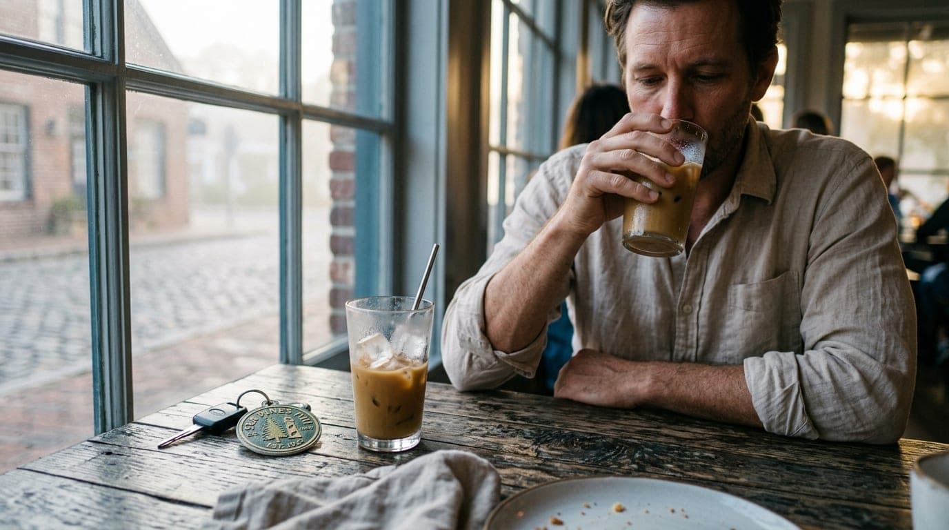 A close-up 35mm shot, noon light hitting a weathered wooden table. A man in a linen shirt sips iced coffee next to a car k...