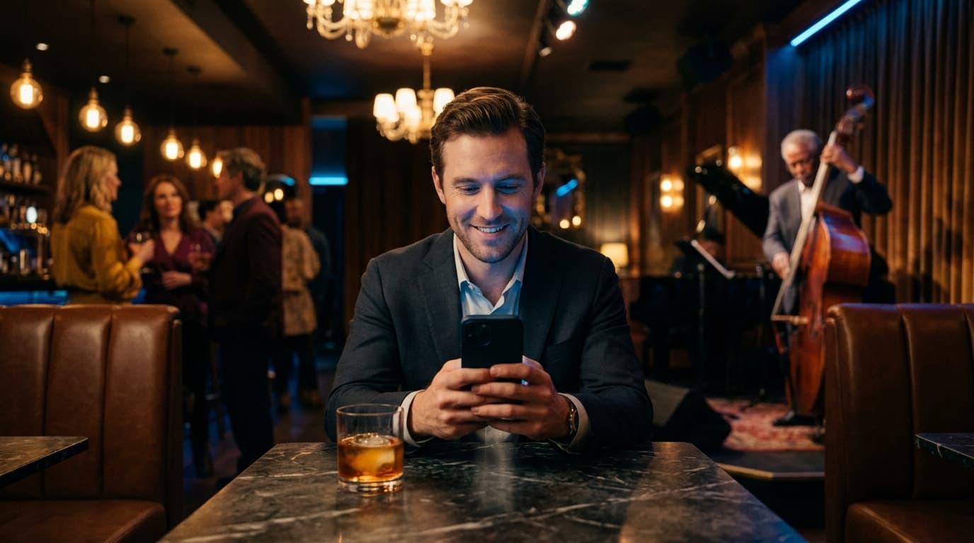A man sits centered in a dimly lit, upscale jazz bar. He holds his phone, smiling at an unlit screen while a single glass...