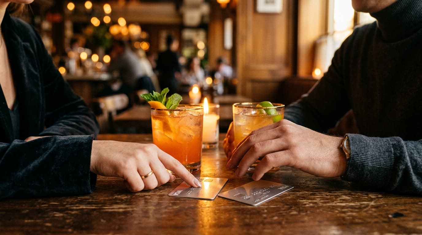 A woman in a velvet blazer and a man in a turtleneck sit at a candlelit table, fingers hovering near two polished silver c...