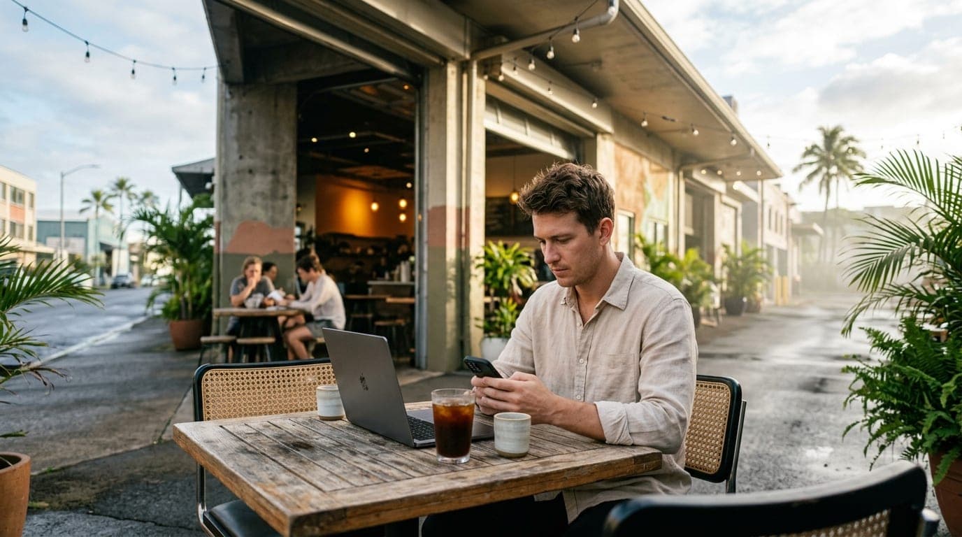 A sun-drenched, open-air cafe in Kaka’ako with a man in a linen shirt sitting at a corner table, focused on his phone, wit...