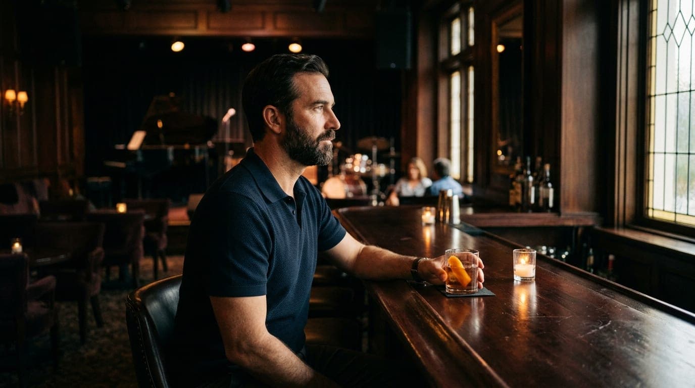 A man in a navy polo shirt sits at a dark mahogany bar inside Lewers Lounge, holding a classic cocktail. Soft golden light...