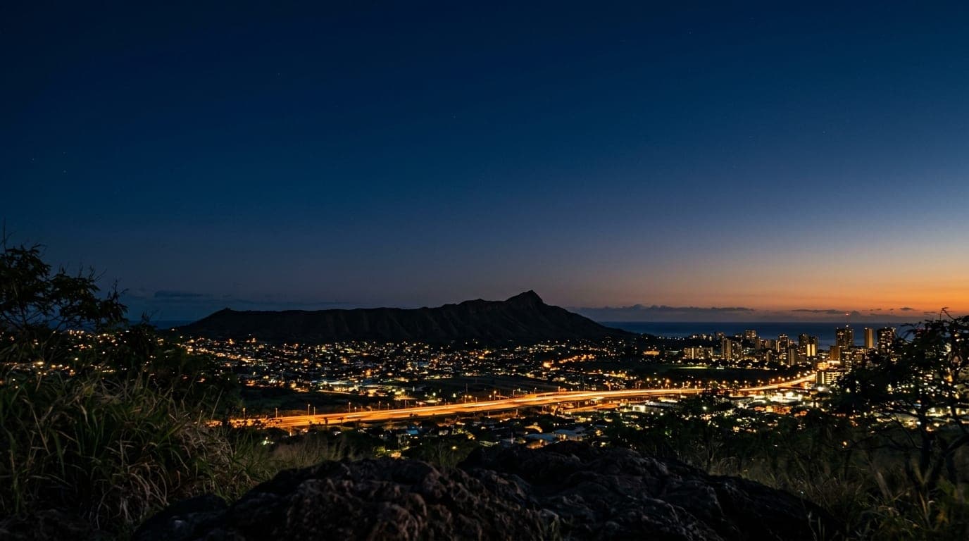 A low-angle shot of the Diamond Head crater silhouette against a deep indigo midnight sky, positioned in the lower third,...