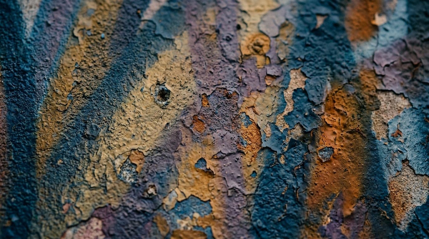 An overhead flat-lay, 100mm macro shot of the textured, vibrant spray-paint layers on a weathered Kaka’ako street art wall...