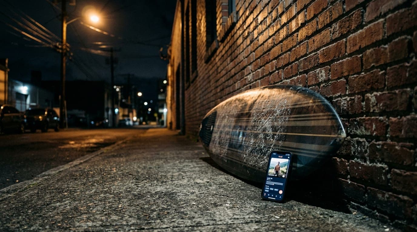 A low-angle shot of a parked surfboard on a Kaka‘ako brick wall at midnight. A smartphone screen showing a Feeld profile r...