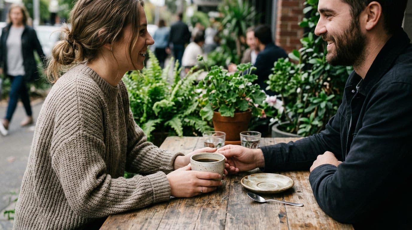 An 85mm portrait captures a couple sharing a ceramic coffee cup at an outdoor wooden table in Arvo, with lush green potted...