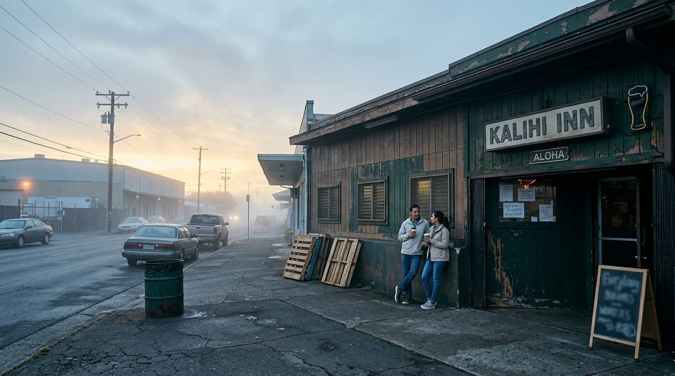 A dimly lit, wood-paneled Kalihi neighborhood dive bar at 8:00 PM. A smartphone showing a Hinge profile lies on a worn woo...