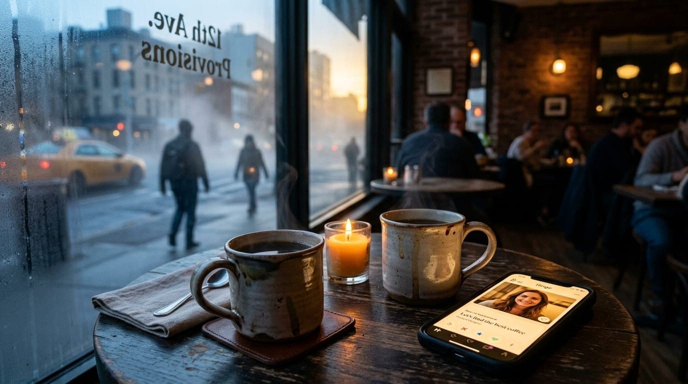 A medium shot, candle-lit interior, focusing on two ceramic mugs of pour-over coffee resting on a 12th Avenue bistro table...
