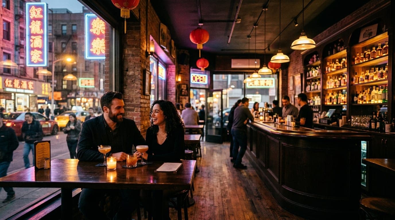 A centered, wide-angle shot of a couple sitting in a dimly lit, trendy Chinatown cocktail bar. Warm tungsten pendant light...