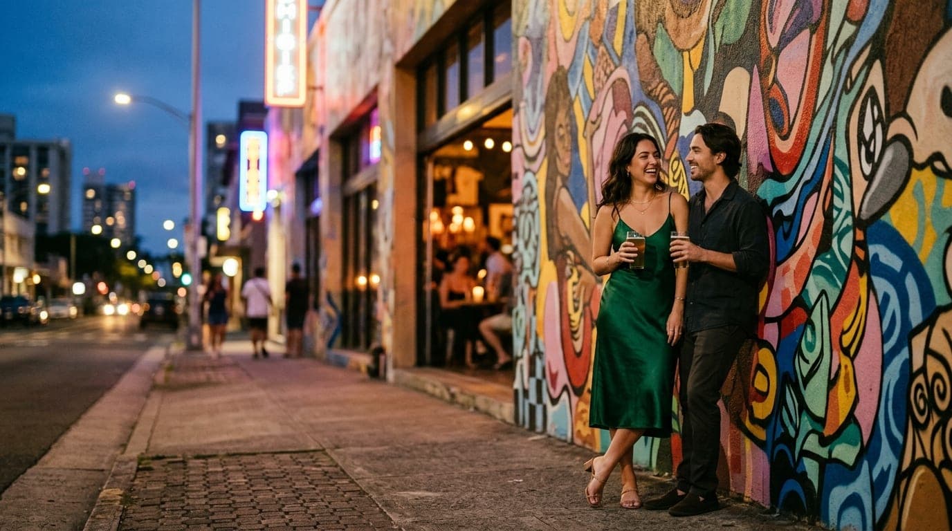 A couple stands outside a Kaka’ako brewery at dusk. A woman in a silk slip dress leans against a colorful, towering street...