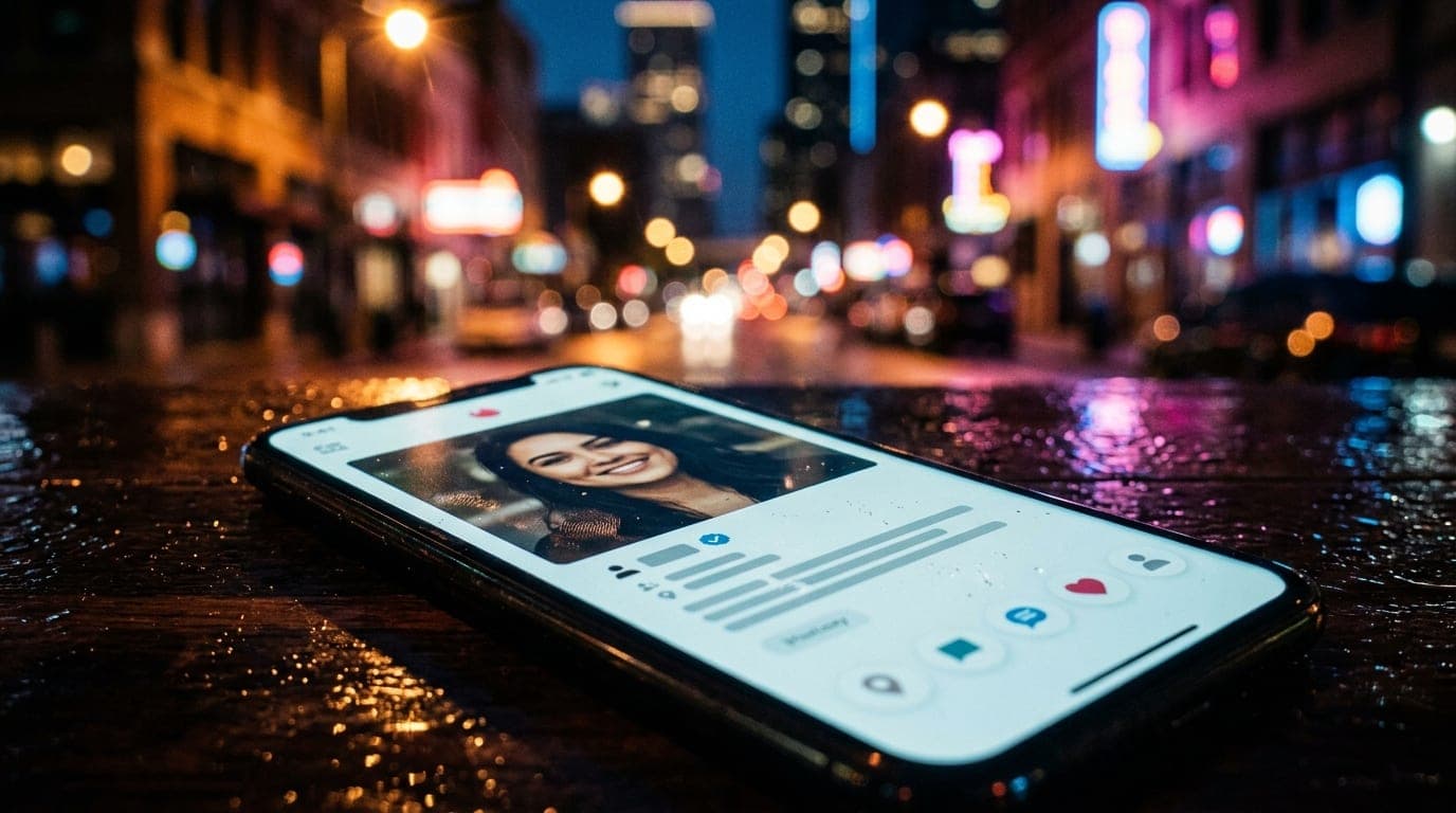 A tight, 100mm macro shot of a sleek smartphone screen resting on a rain-slicked Houston bar table, displaying an active p...