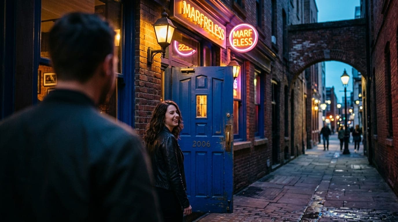 A couple stands before the iconic blue door of Marfreless, illuminated by a dim streetlamp. Over-the-shoulder perspective...