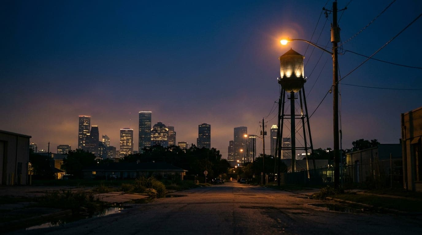 A low-angle, wide-shot of the illuminated Montrose water tower at midnight, framed against the distant, hazy Houston skyli...