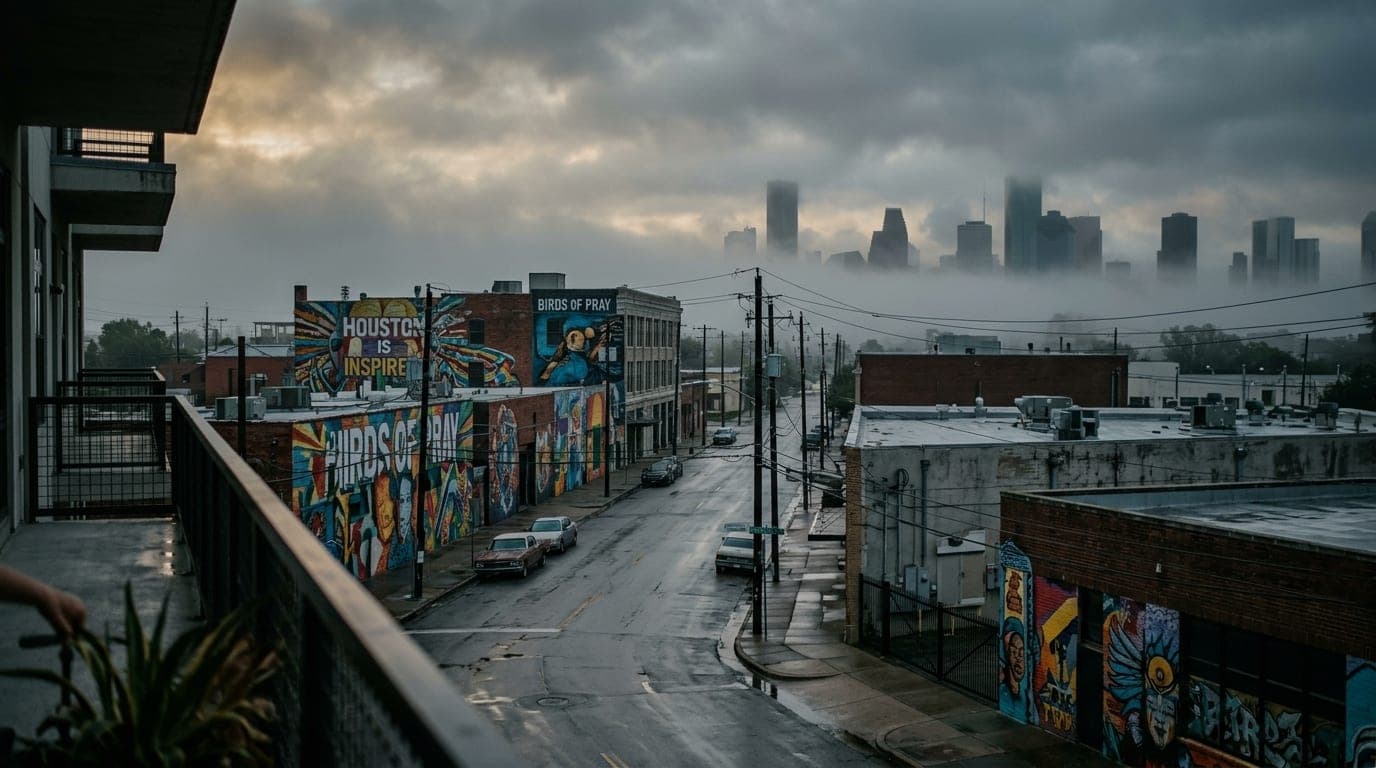 An overcast morning shot from a high-angle balcony captures the colorful East End murals lining a quiet, deserted street,...
