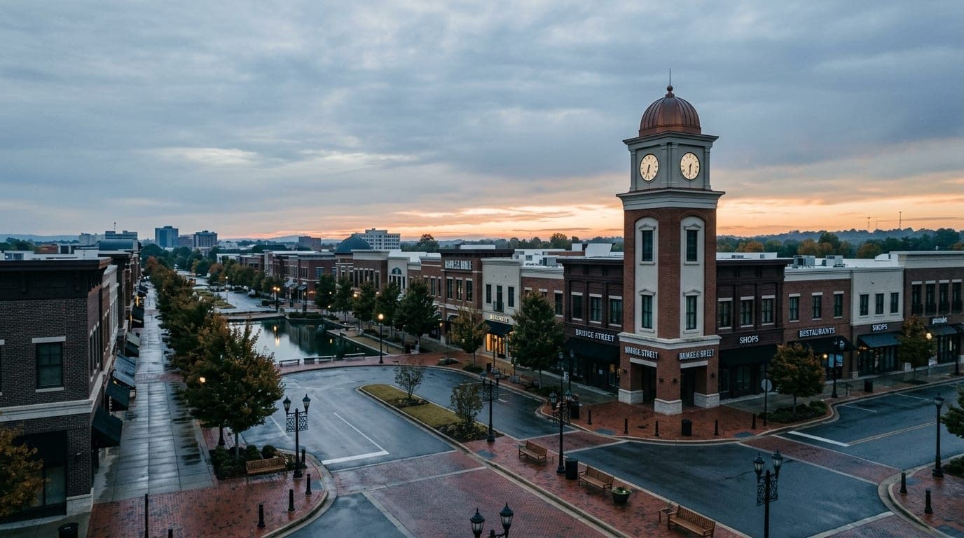 A 35mm documentary shot of the Bridge Street Town Centre at overcast dawn, featuring the clock tower offset to the right,...