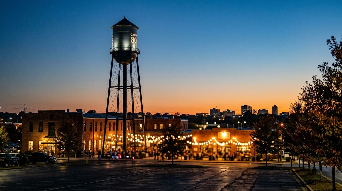 A wide 85mm shot of the Campus 805 water tower glowing at dusk, offset left, with warm tungsten interior lights from the s...