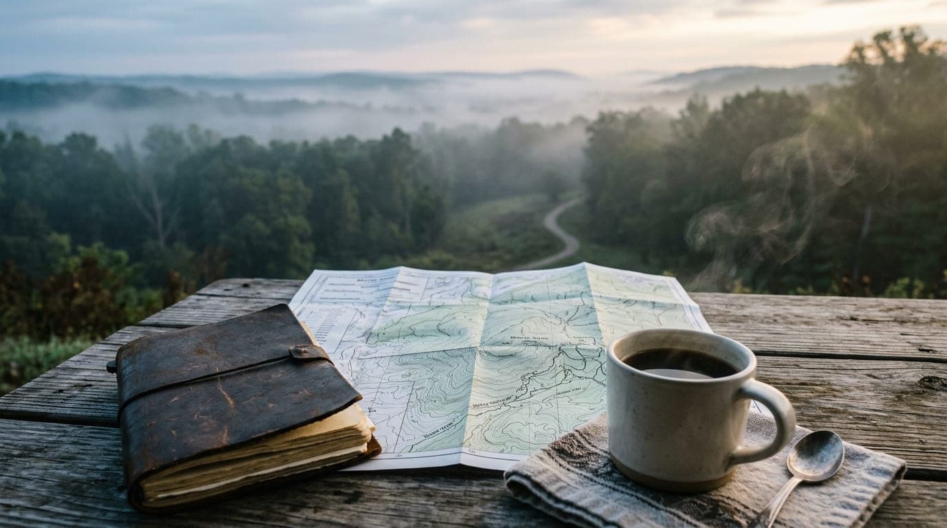 A 50mm natural perspective shot of a worn leather notebook and a topographic map of Monte Sano spread on a bistro table, n...