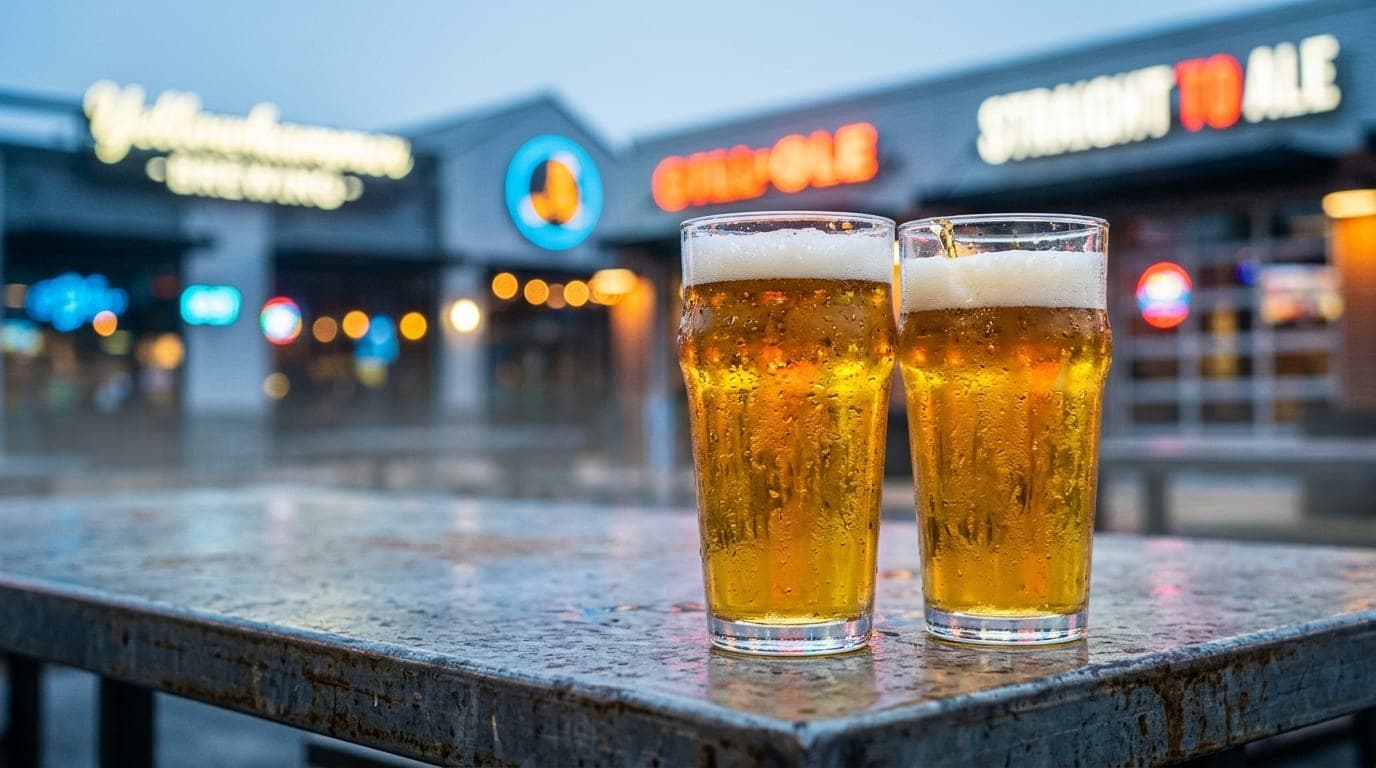 A 100mm macro shot captures two chilled, condensation-slicked craft beer glasses resting on a weathered industrial metal t...