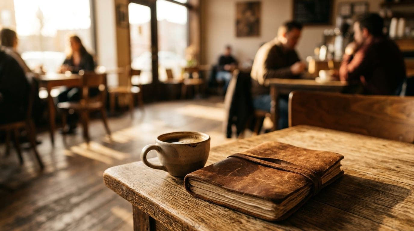 A leather-bound journal resting on a rustic wooden table at Gold Sprint, coffee cup nearby, as golden hour light spills ac...