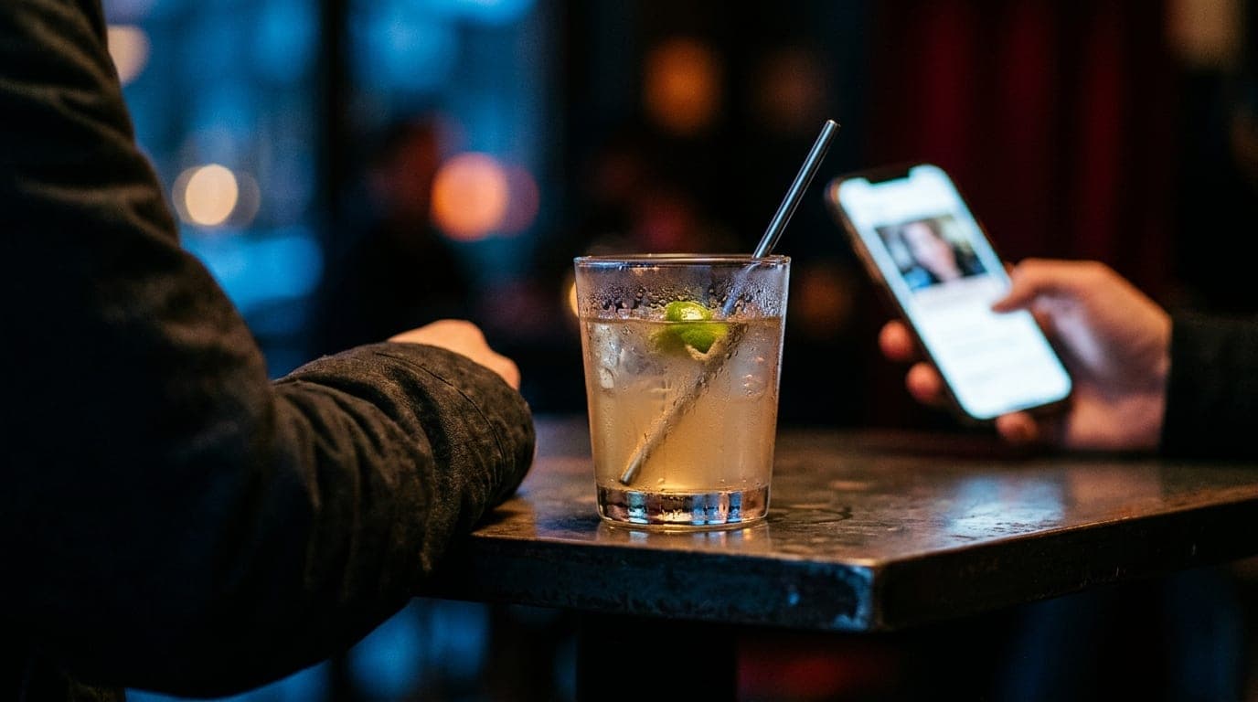 A 100mm macro shot captures a chilled cocktail glass sweating condensation on a high-top table at Catacomb 435, with a sma...