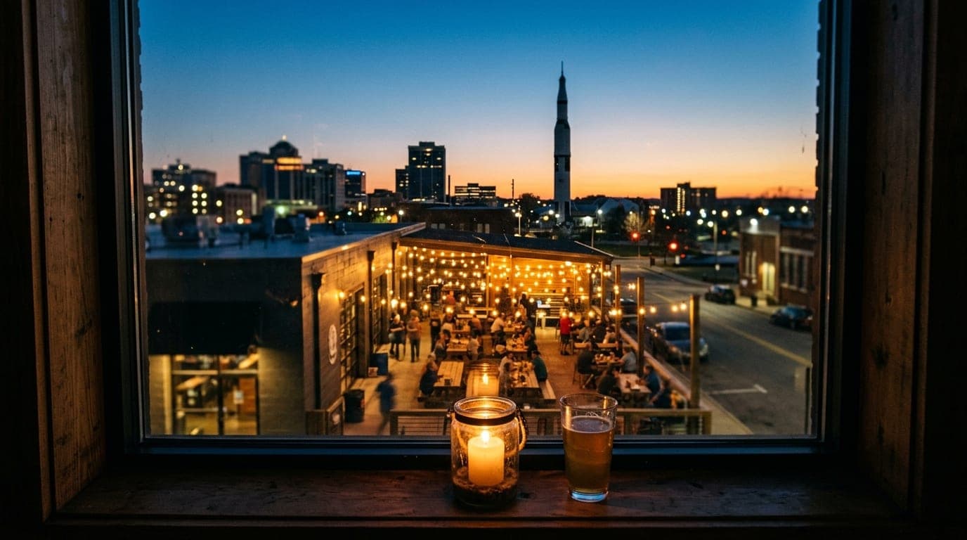 A tilt-shift, medium shot of downtown Huntsville at dusk, focusing on a glowing brewery patio through a candle-lit window,...