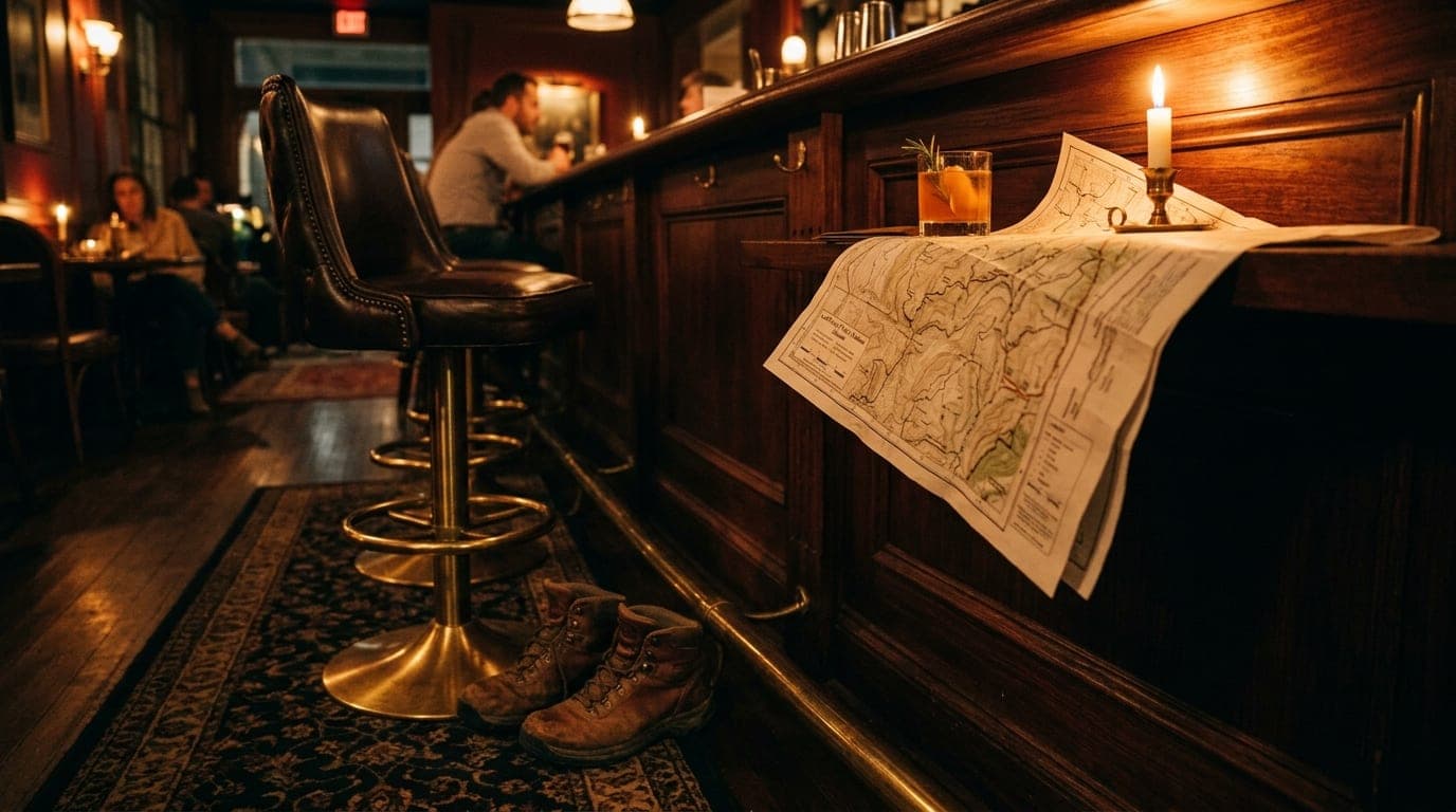 A low-angle 35mm shot inside a dim Huntsville lounge. A pair of hiking boots rests near a leather barstool, beside a craft...