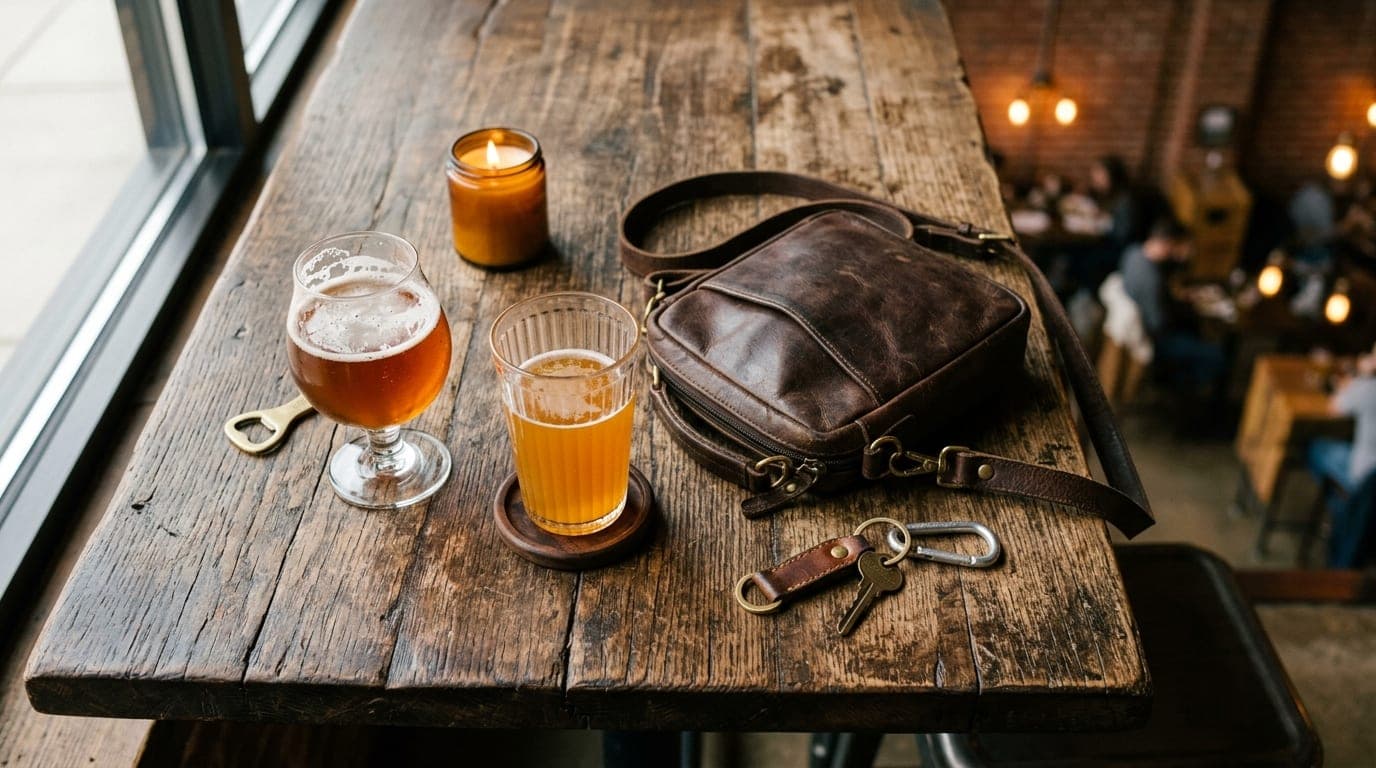 Overhead flat-lay on a weathered wooden table at Stovehouse. Two half-poured craft beers sit beside a casual crossbody bag...