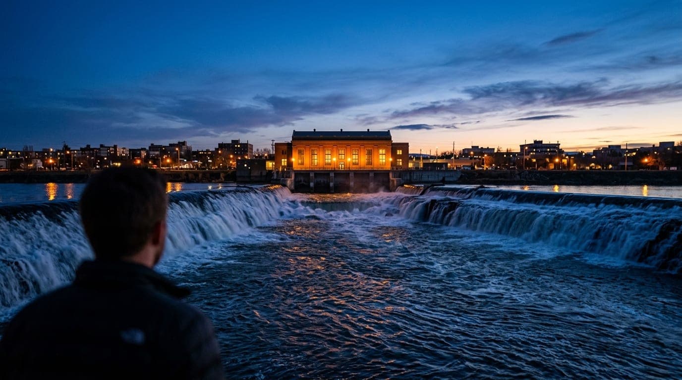A wide-angle 24mm view of the Idaho Falls waterfall at blue hour. The illuminated power plant stands symmetrically centere...