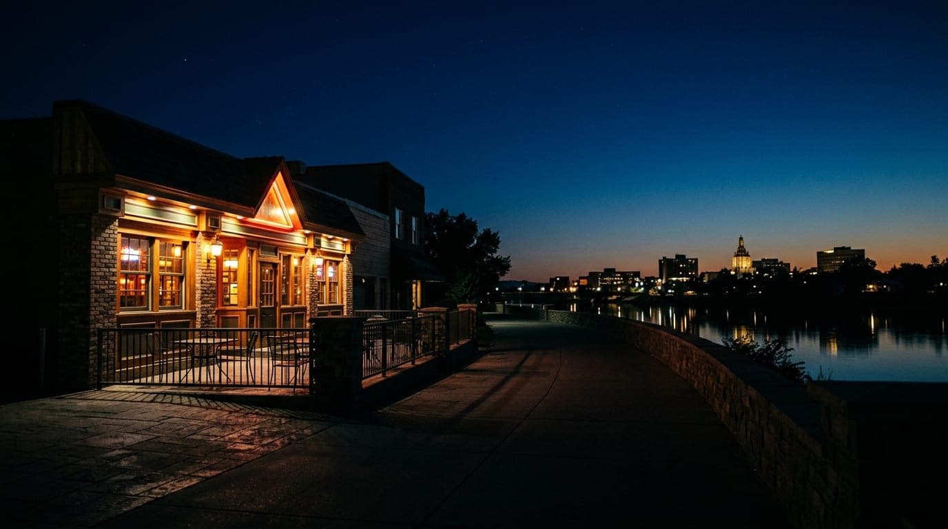 A low-angle, 50mm shot of the neon-lit storefront of The Celt Pub glowing against the dark Idaho Falls night, with empty,...