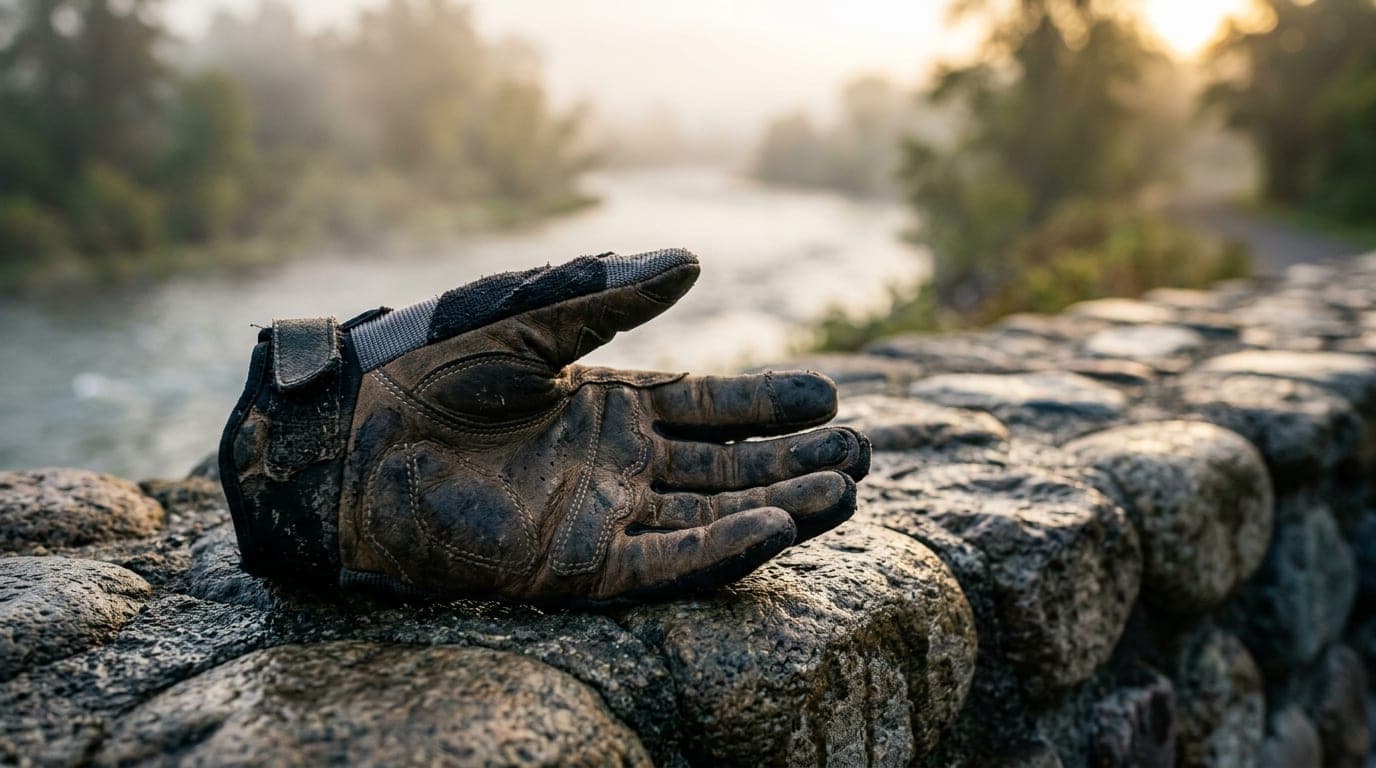 An extreme close-up of a rugged mountain bike glove resting on a river-stone wall at the Snake River Greenbelt, golden hou...