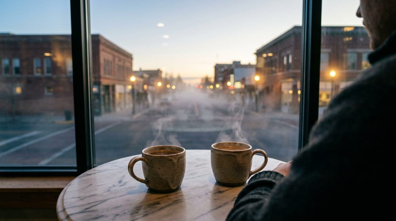 Over-the-shoulder view of two steaming ceramic coffee mugs resting on a round marble café table at Villa Coffeehouse, feat...