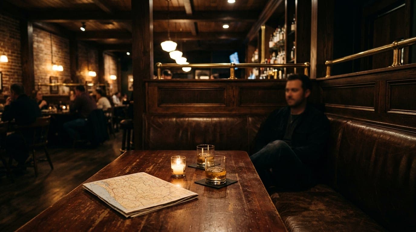 Wide shot of a dim, leather-bound corner booth at a local Idaho Falls steakhouse. Two half-empty tumblers of whiskey sit o...