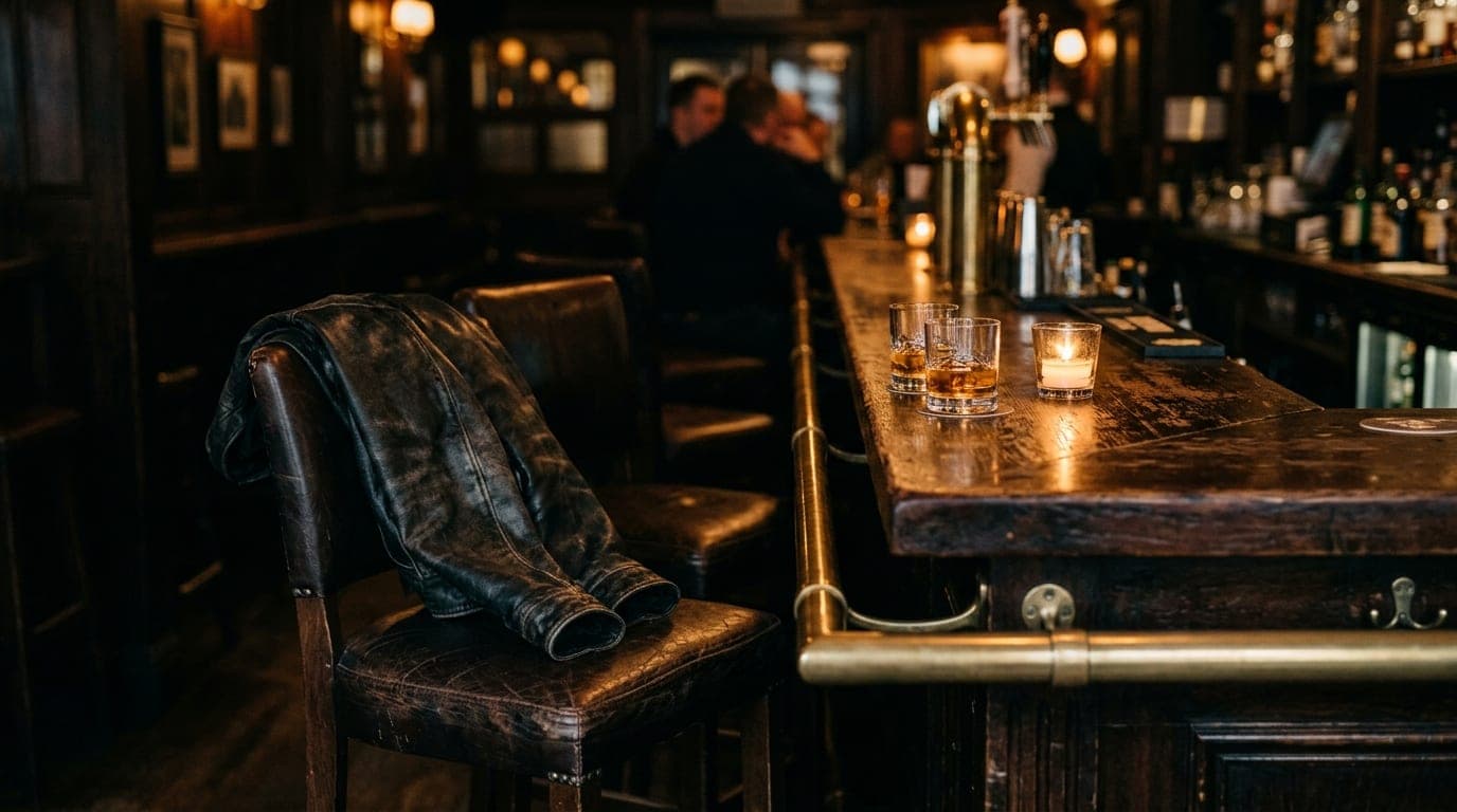 A medium shot of two worn leather barstools at a dark wood pub counter. One stool holds a leather jacket, while two glasse...