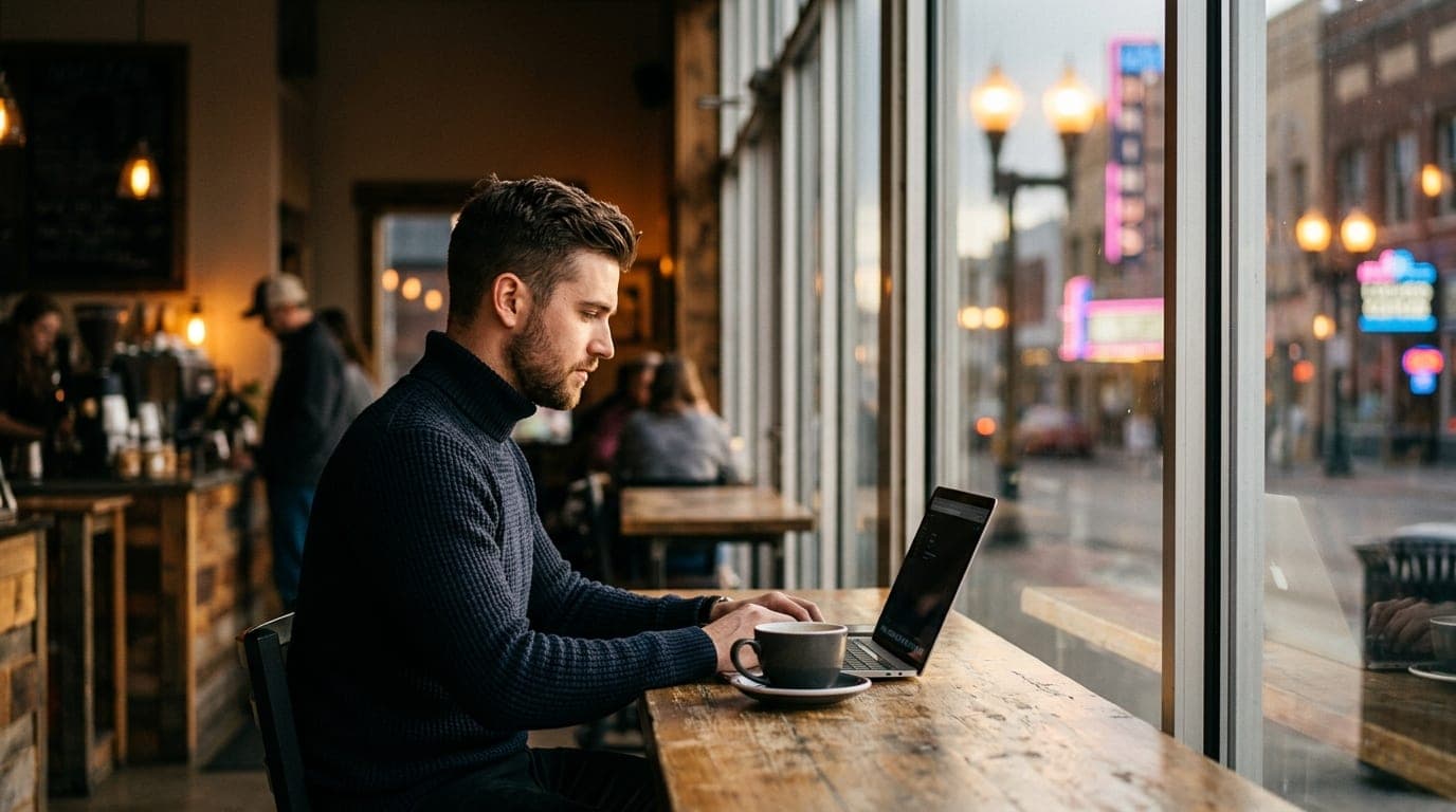 A man in a sleek navy turtleneck sits in a downtown Idaho Falls coffee shop, a laptop open beside a ceramic mug. Noon sunl...