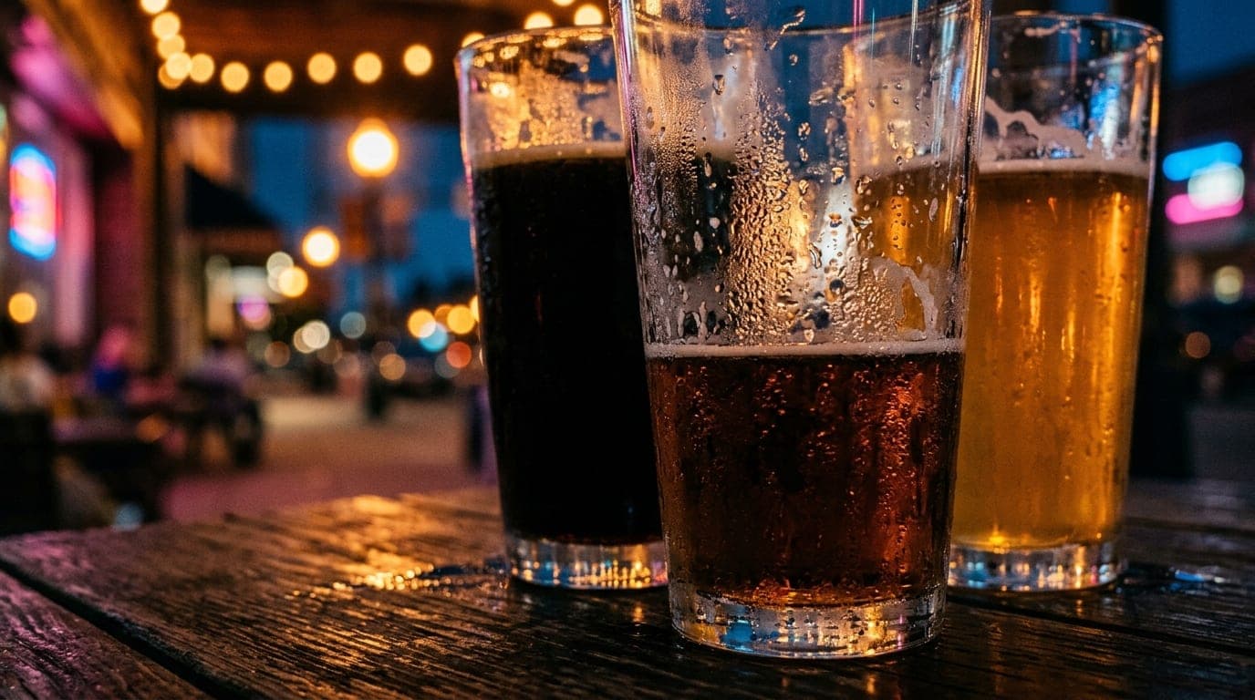 Extreme 100mm macro shot of two condensation-beaded pint glasses resting on a dark wooden pub table. In the blurred backgr...