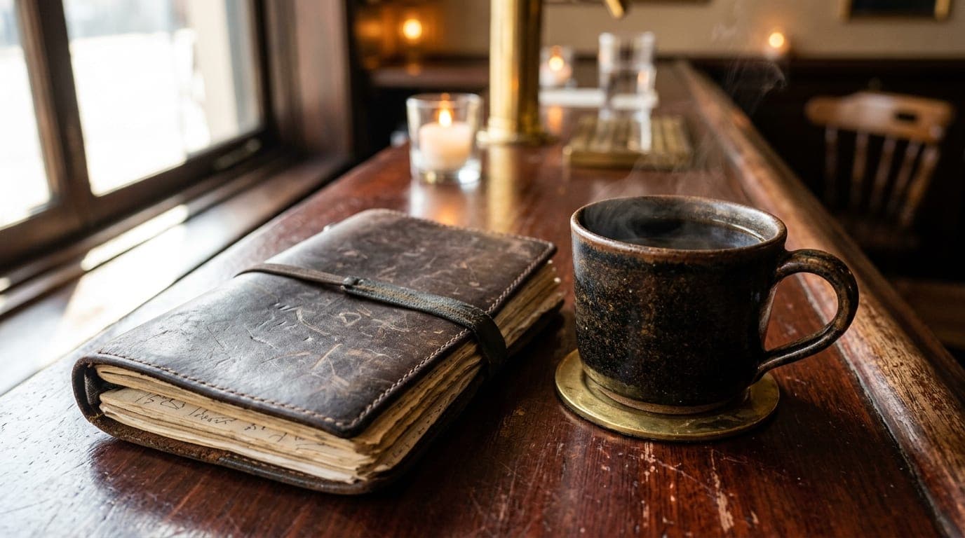 A close-up, 100mm macro shot of a worn leather-bound planner and a steaming pour-over coffee cup resting on a mahogany bar...