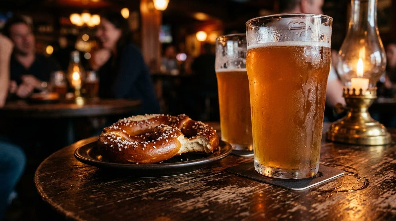 Extreme macro shot of two condensation-streaked pint glasses on a dark wooden pub table. Selective focus highlights a half...