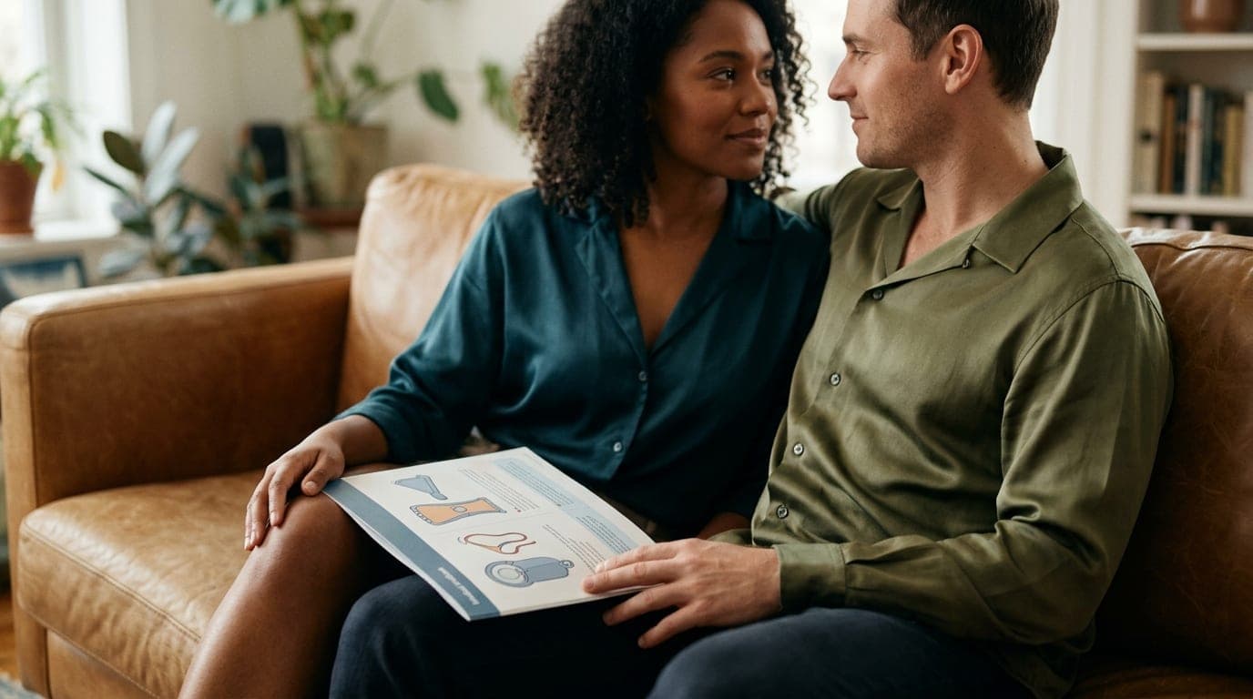 A couple in silk loungewear sits close on a leather sofa. Between them, a focused, open medical brochure comparing treatme...