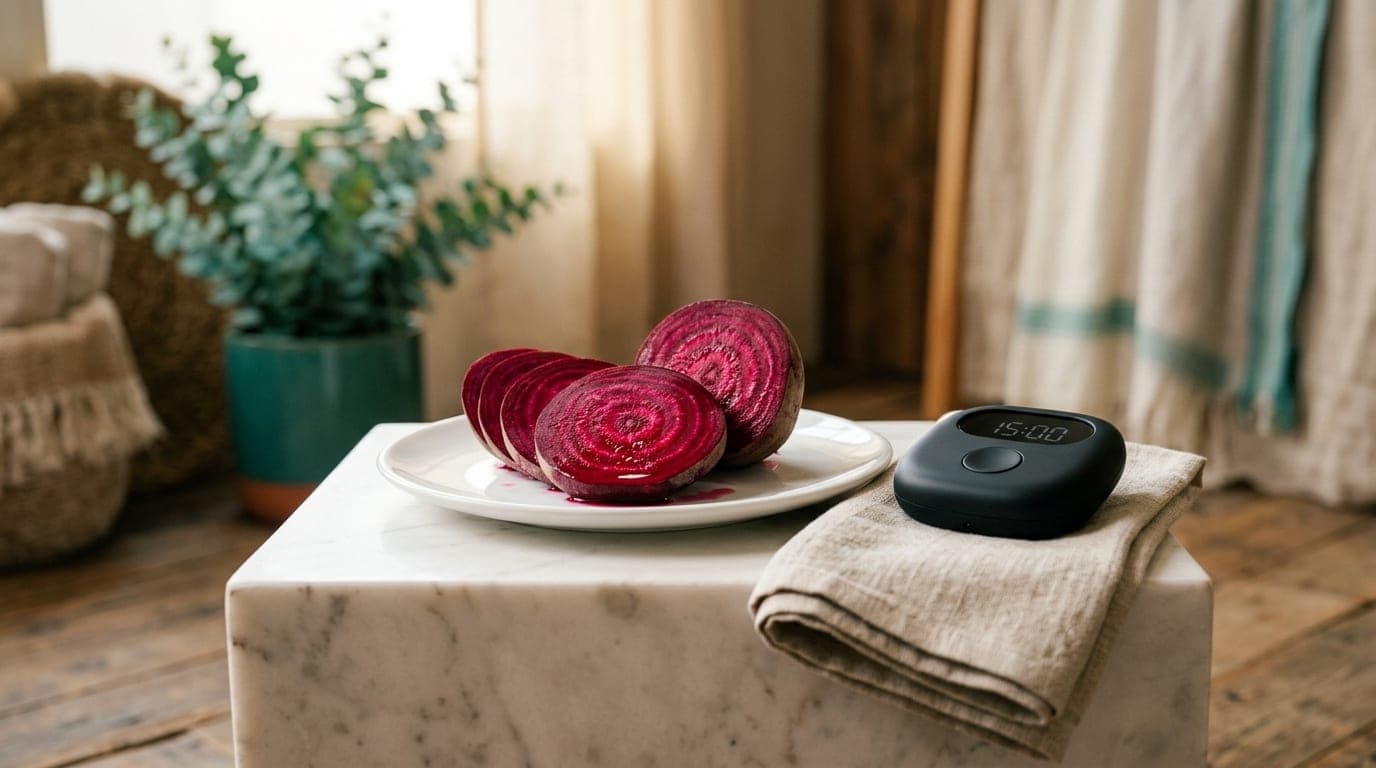 A single, vibrant beet sliced into perfect cross-sections sits atop a white marble pedestal. Beside it, a sleek, matte bla...