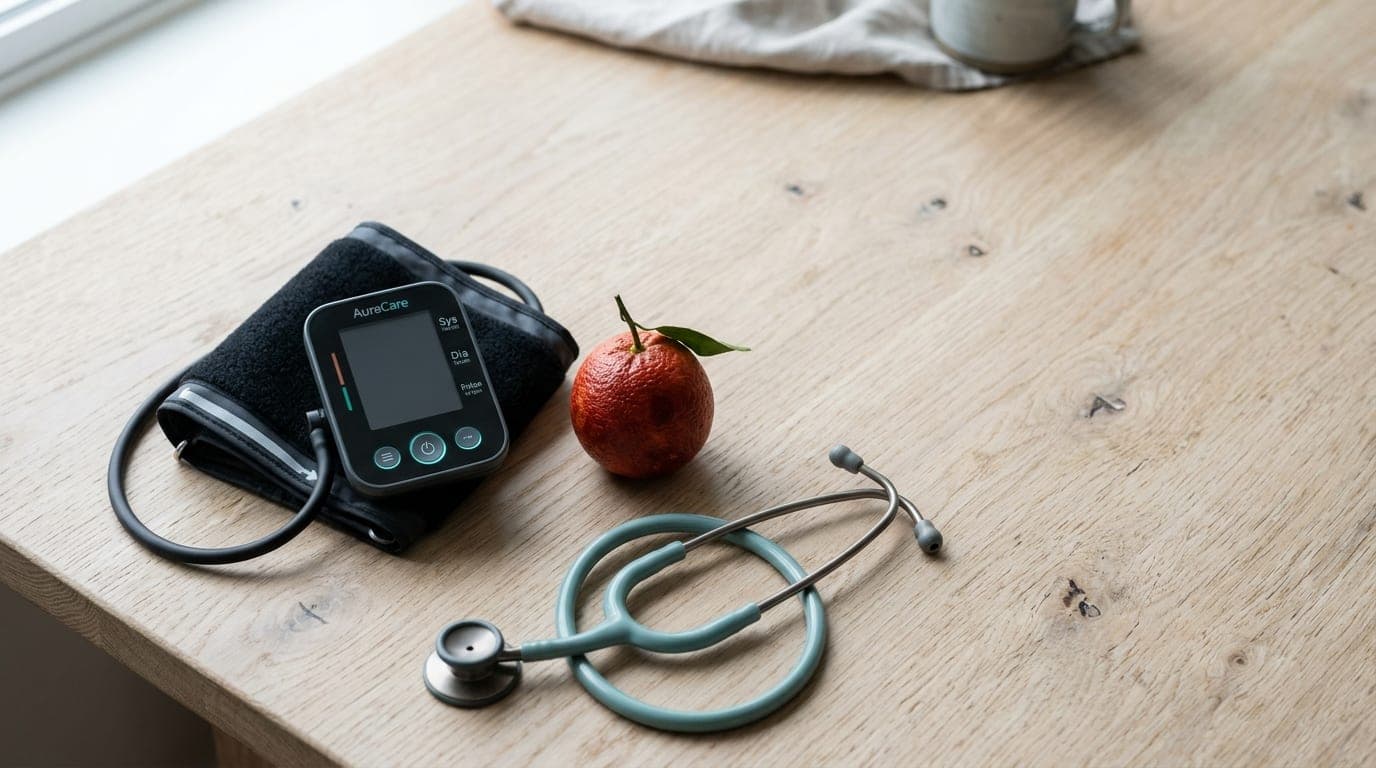 A sleek, medical-grade blood pressure cuff and a single, unpeeled blood orange rest on a pale oak surface. A stethoscope l...